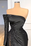 kamahe Glamorous Black Long Sleeve One Shoulder Prom Dress Beadings Evening Gowns