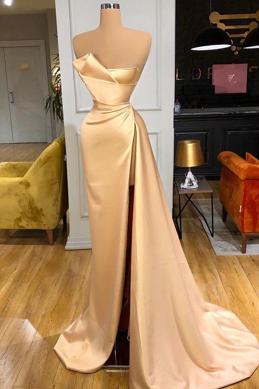 kamahe Glamorous Champagne Starpless Long Prom Dress With Split Online