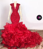 kamahe Gorgeous Beads Appliques Red Prom Dresses Ruffles Fit and Flare Alluring Evening Gowns