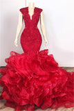 kamahe Gorgeous Beads Appliques Red Prom Dresses Ruffles Fit and Flare Alluring Evening Gowns