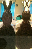 kamahe Gorgeous Black Mermaid V-Neck Tulle Appliques Open-Back Prom Party Gowns