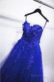 kamahe Gorgeous Blue Lace Floral Long Prom Dress, Blue Appliques Formal Evening Dress, Blue Ball Gown