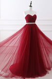 kamahe Gorgeous Burgundy Sweetheart Long Prom Dress Tulle Crystal Evening Gown