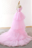 kamahe Gorgeous High Low Pink Tulle Long Prom Dresses, Pink Tulle Formal Graduation Evening Dresses