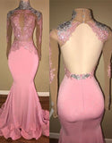 kamahe Gorgeous High-Neck Backless Pink Prom Party GownsMermaid With Lace Appliques