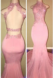 kamahe Gorgeous High Neck Pink Lace Prom Party GownsMermaid Long