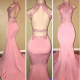 kamahe Gorgeous High Neck Pink Lace Prom Party GownsMermaid Long