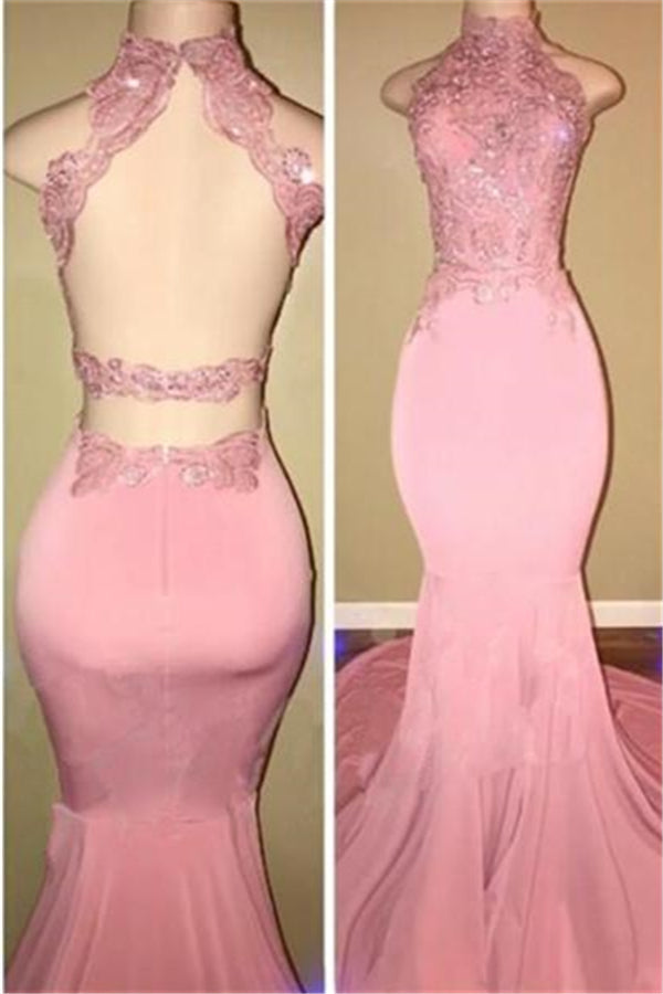 kamahe Gorgeous High Neck Pink Lace Prom Party GownsMermaid Long