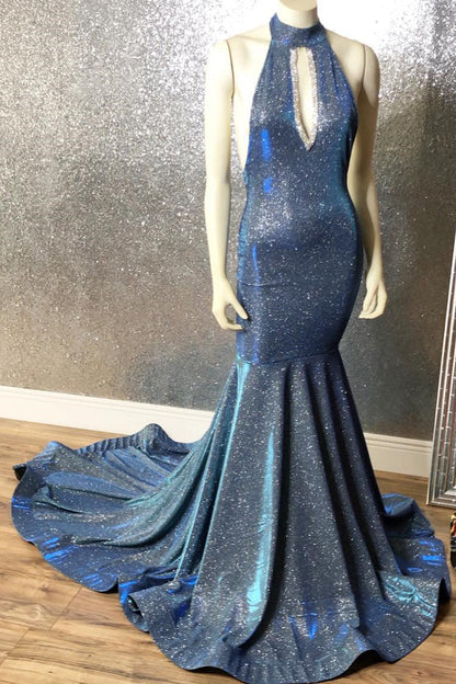 kamahe Gorgeous Navy Blue Long Mermaid V-Neck Prom Dress Spaghetti-Straps