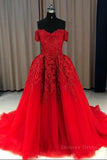 kamahe Gorgeous Off Shoulder Red Lace Long Prom Dresses, Red Lace Formal Evening Dresses, Red Ball Gown