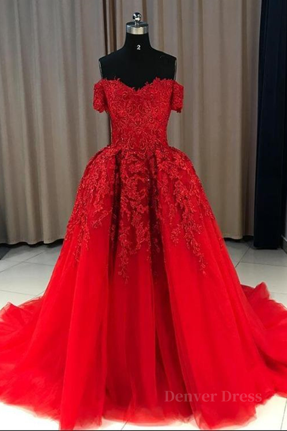 kamahe Gorgeous Off Shoulder Red Lace Long Prom Dresses, Red Lace Formal Evening Dresses, Red Ball Gown