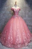 kamahe Gorgeous Off the Shoulder Pink Lace Appliques Long Prom Dress, Off Shoulder Pink Formal Dress, Pink Evening Dress, Ball Gown