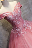 kamahe Gorgeous Off the Shoulder Pink Lace Appliques Long Prom Dress, Off Shoulder Pink Formal Dress, Pink Evening Dress, Ball Gown