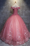 kamahe Gorgeous Off the Shoulder Pink Lace Appliques Long Prom Dress, Off Shoulder Pink Formal Dress, Pink Evening Dress, Ball Gown