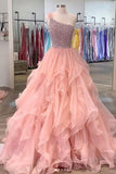 kamahe Gorgeous One Shoulder Beaded Pink Long Prom Dresses, Fluffy Pink Formal Evening Dresses, Beaded Ball Gown