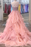 kamahe Gorgeous One Shoulder Beaded Pink Long Prom Dresses, Fluffy Pink Formal Evening Dresses, Beaded Ball Gown