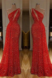 kamahe Gorgeous One Shoulder Red Sequins Long Prom Dress