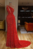 kamahe Gorgeous One Shoulder Red Sequins Long Prom Dress