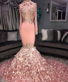 kamahe Gorgeous Round Neck Flower Long Sleevess Sequins Mermaid Prom Dresses