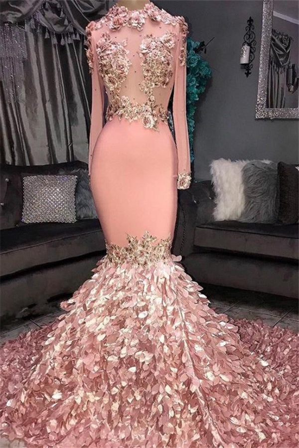 kamahe Gorgeous Round Neck Flower Long Sleevess Sequins Mermaid Prom Dresses