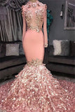 kamahe Gorgeous Round Neck Flower Long Sleevess Sequins Mermaid Prom Dresses