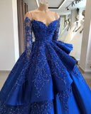 kamahe Gorgeous Royal Blue Lace Ruffled Prom Party Gowns| Strapless Sweetheart Beads Quinceanera Dresses