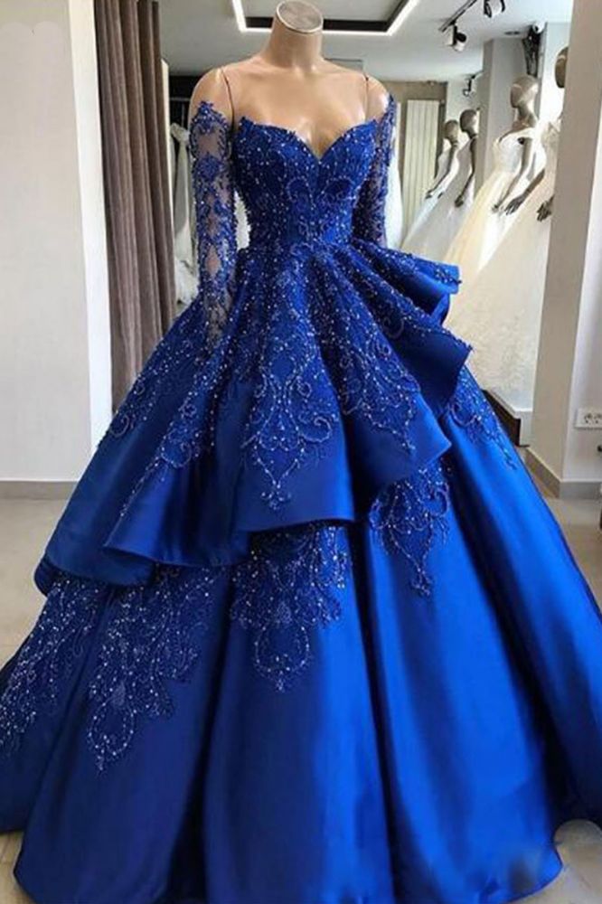 kamahe Gorgeous Royal Blue Lace Ruffled Prom Party Gowns| Strapless Sweetheart Beads Quinceanera Dresses