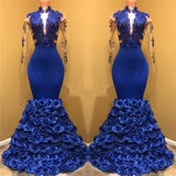 kamahe Gorgeous Royal Blue Prom Dresses Long Sleevess Evening Gowns with Rose Flowers