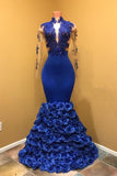 kamahe Gorgeous Royal Blue Prom Dresses Long Sleevess Evening Gowns with Rose Flowers