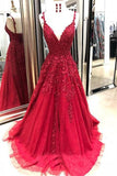 kamahe Gorgeous Spaghetti Strap Applique Prom Dresses Red Tulle Sleeveless Evening Dresses