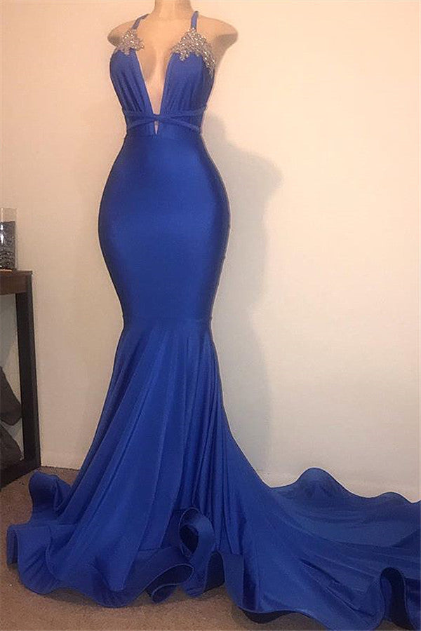 kamahe Gorgeous Spaghetti Straps Beads Appliques Prom Dresses Elegant Alluring Chic V-neck Fit and Flare Evening Gowns