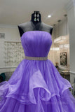 kamahe Gorgeous Strapless Layered Purple Tulle Long Prom Dresses with Belt, Purple Formal Evening Dresses, Purple Ball Gown