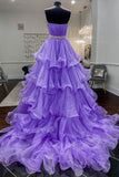 kamahe Gorgeous Strapless Layered Purple Tulle Long Prom Dresses with Belt, Purple Formal Evening Dresses, Purple Ball Gown