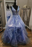 kamahe Gorgeous V Neck and V Back Blue Tulle Lace Long Prom Dresses, Puffy Blue Lace Formal Evening Dresses