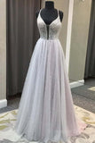 kamahe Gorgeous V Neck Backless Beaded Gray Tulle Long Prom Dresses, Backless Grey Formal Graduation Evening Dresses