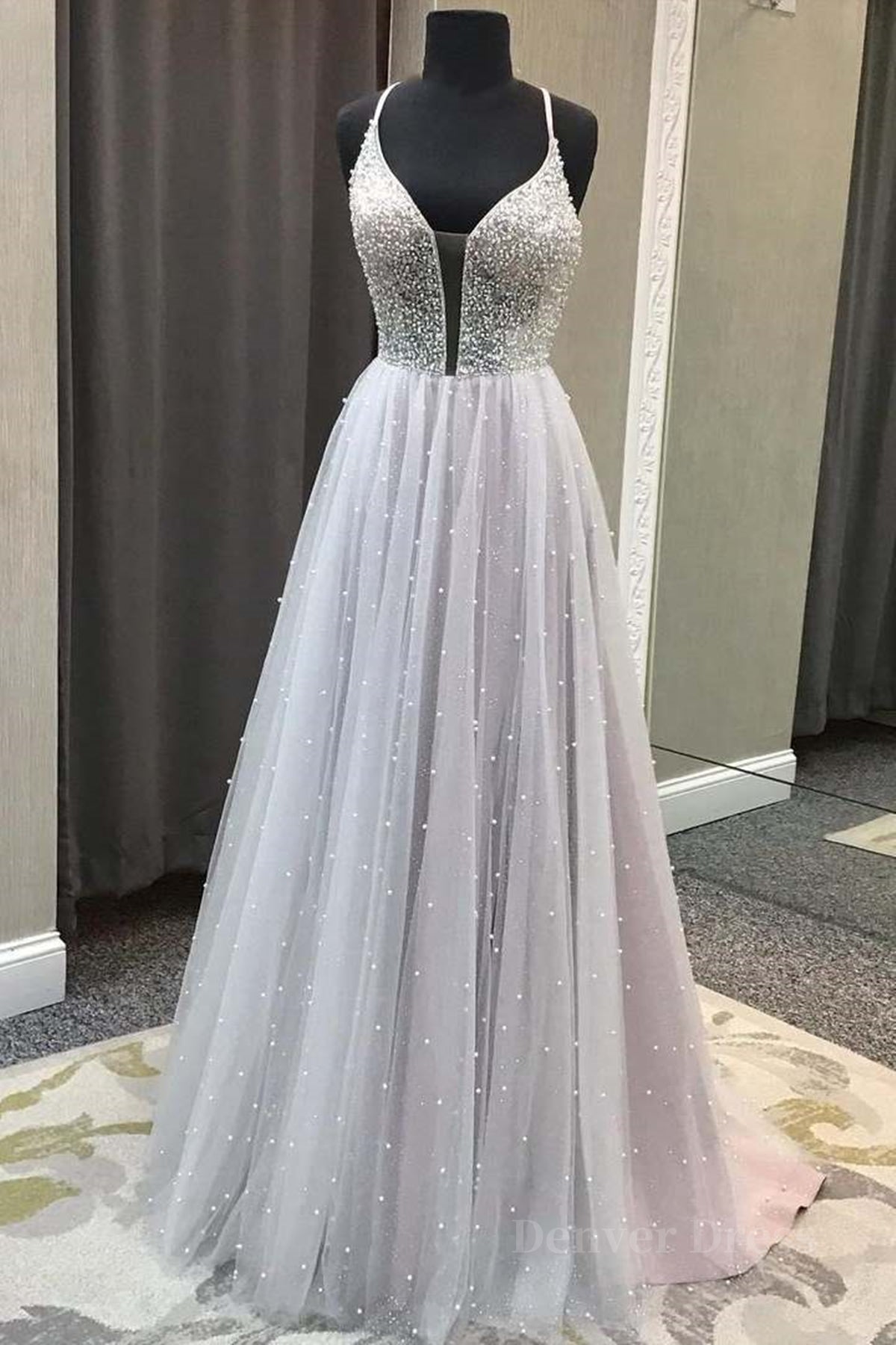 kamahe Gorgeous V Neck Backless Beaded Gray Tulle Long Prom Dresses, Backless Grey Formal Graduation Evening Dresses