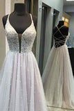 kamahe Gorgeous V Neck Backless Beaded Gray Tulle Long Prom Dresses, Backless Grey Formal Graduation Evening Dresses