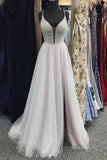 kamahe Gorgeous V Neck Backless Beaded Gray Tulle Long Prom Dresses, Backless Grey Formal Graduation Evening Dresses