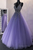 kamahe Gorgeous V Neck Beaded Purple Tulle Long Prom Dress, V Neck Purple Formal Evening Dress, Purple Ball Gown