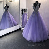 kamahe Gorgeous V Neck Beaded Purple Tulle Long Prom Dress, V Neck Purple Formal Evening Dress, Purple Ball Gown