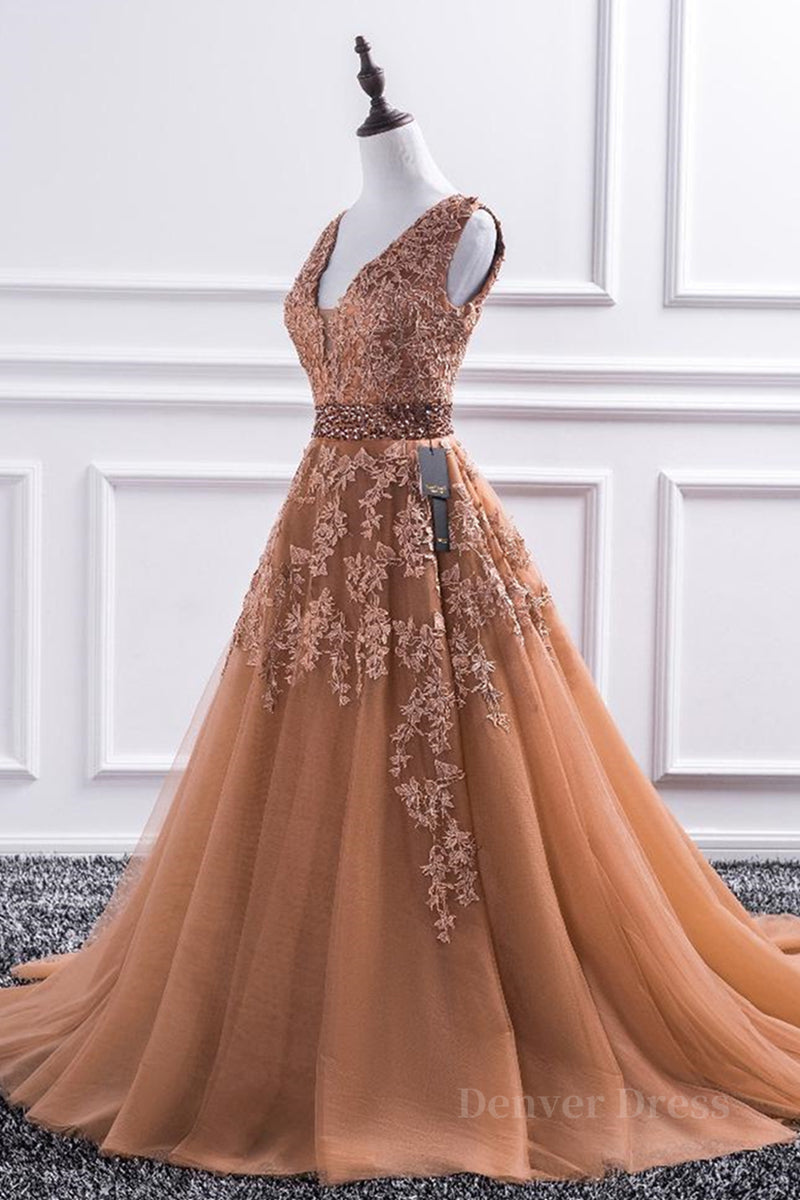 kamahe Gorgeous V Neck Champagne Lace Long Prom Dress, Champagne Lace Formal Graduation Evening Dress