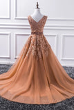 kamahe Gorgeous V Neck Champagne Lace Long Prom Dress, Champagne Lace Formal Graduation Evening Dress