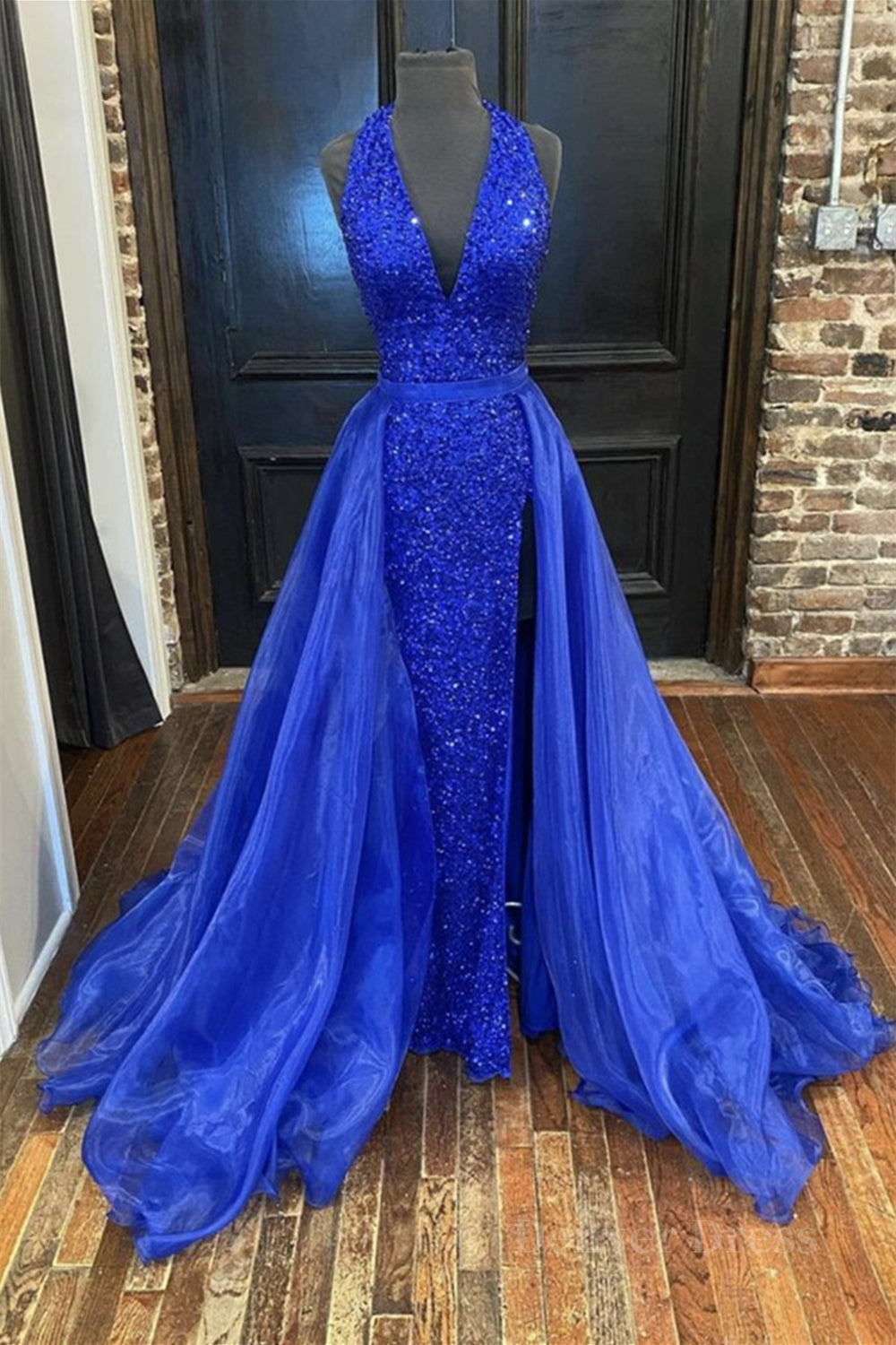 kamahe Gorgeous V Neck Mermaid Blue Sequins Long Prom Dress, Mermaid Blue Formal Dress, Blue Evening Dress