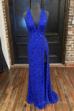 kamahe Gorgeous V Neck Mermaid Blue Sequins Long Prom Dress, Mermaid Blue Formal Dress, Blue Evening Dress