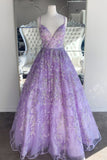 kamahe Gorgeous V Neck Thin Straps Purple Long Prom Dress, V Neck Purple Formal Evening Dress, Purple Ball Gown