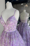 kamahe Gorgeous V Neck Thin Straps Purple Long Prom Dress, V Neck Purple Formal Evening Dress, Purple Ball Gown