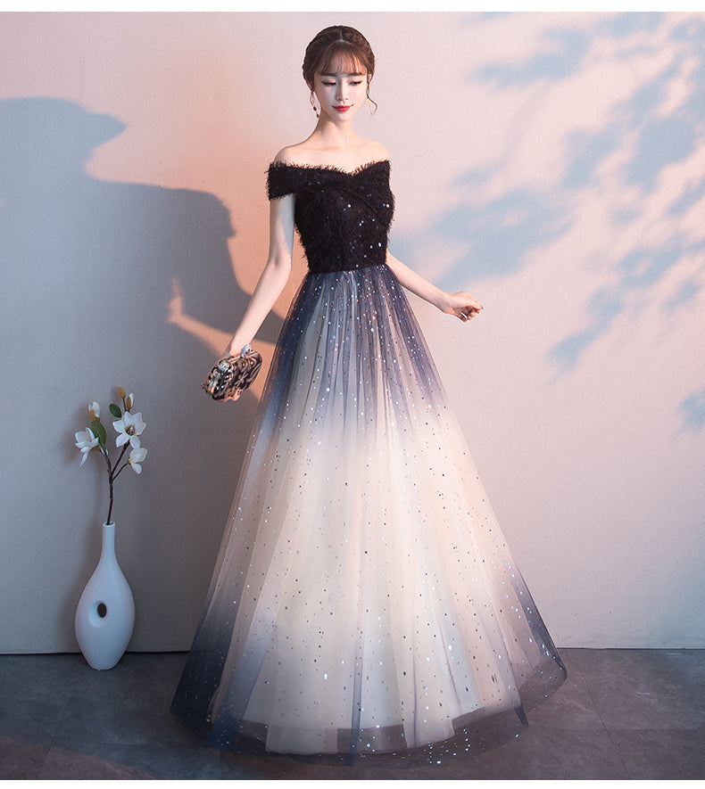 Solvbao Beautiful Black Off Shoulder Tulle Gradient Long Party Gown, Long Prom Dress