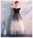 Solvbao Beautiful Black Off Shoulder Tulle Gradient Long Party Gown, Long Prom Dress