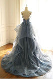 kamahe Gray Evening Dresses Tulle V-neck Ruffles Long Spaghetti Lace Beading Prom Party Gowns