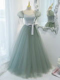 kamahe Gray Green A-Line Tulle Long Prom Dress, Gray Green Formal Dress